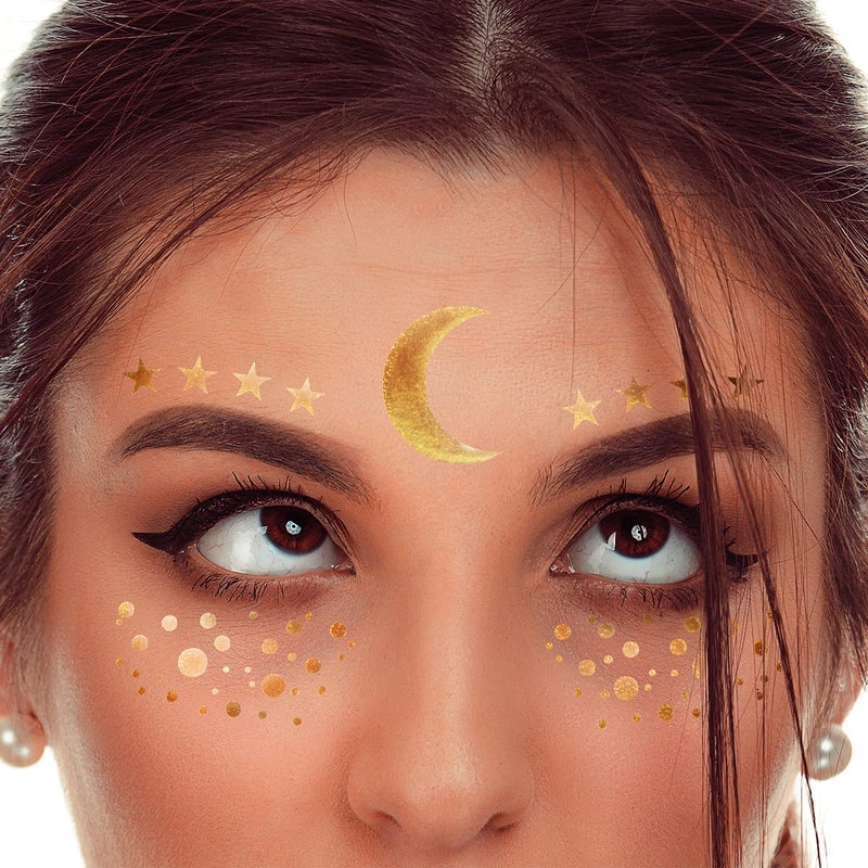 LINGPAR 3 Sheets Face Tattoo Sticker Metallic Shiny Temporary Water Transfer Tattoo for Professional Make Up Dancer Costume Parties, Shows Gold Glitter - Image 2